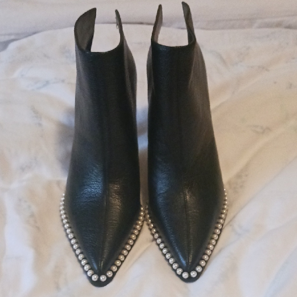 Elegant Black Leather Ankle Boots with Pearl Studs.Cyron Leather Stiletto Bootie